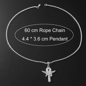 Hip hop Ankh cross pendant necklace with wings and crystals on 60cm rope chain