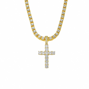 Collar de cruz hip-hop dorado con cadena de tenis de 4mm y circonitas blancas