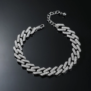 Hip hop silver Cuban link anklet with full diamond-encrusted rhombic links on black background