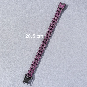 Bracelet cubain à paillettes roses et zircon plaqué noir style hip hop, longueur 20,5 cm