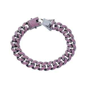 Hip hop Cuban link bracelet in gunmetal black with full pave set pink rhinestones