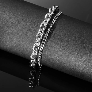 Bracelet hip-hop argenté double rang avec chaîne cubaine épaisse et fermoir à bascule