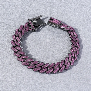 Bracelet Cuban Link noir hip hop serti de strass roses avec fermoir sécurisé