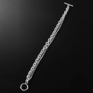 Bracelet double couche en acier titane argenté style hip hop avec fermoir à bascule OT et chaîne
