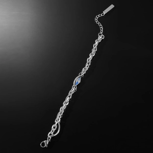 Bracelet double chaîne argentée style hip hop pour homme avec motif losange bleu