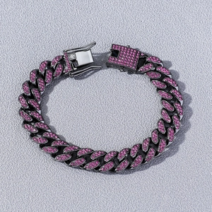 Hip hop cuban link bracelet in gunmetal finish with sparkling pink pavé rhinestones