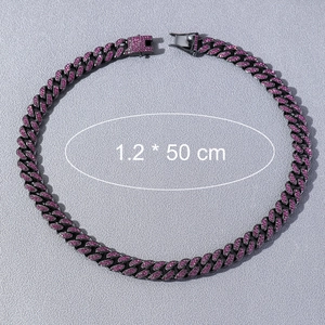 Men's hip hop Cuban link chain in gunmetal grey with purple zircon, 1.2cm wide and 50cm long