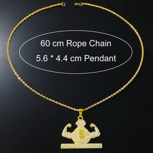 Detailaufnahme der Gold-Hip-Hop-Geldtasche mit Dollarzeichen und Seilkette