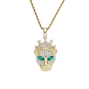 Hiphop Crown Leopard Head Pendant Necklace Zinc Alloy Stainless Steel Rope Chain With Green Rhinestone Eyes For Men Women Jewelry