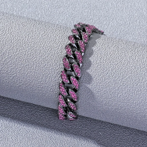 Iced out hip hop Cuban link chain bracelet in gun black finish with pink crystals