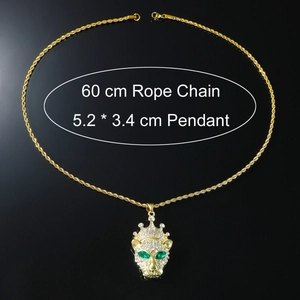 Detail of hiphop crown leopard pendant with green eyes and 60cm rope chain