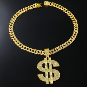 Collana a catena cubana dorata con grande ciondolo dollaro e strass per stile hip hop