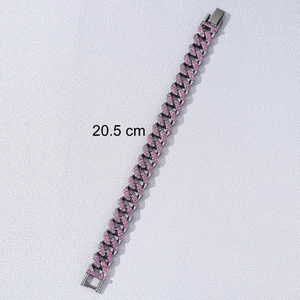 Pulsera cubana hip hop de metal negro con diamantes rosa, longitud de 20,5 cm