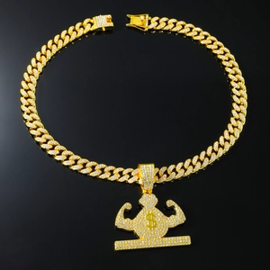 Close-up of hip hop money bag pendant with muscle arms and rhinestones on Cuban chain
