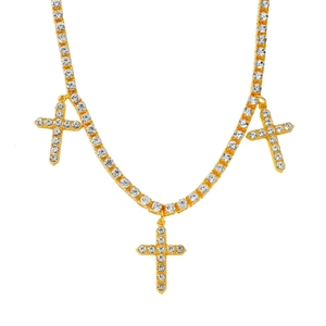 Collana tennis hip hop in oro con tre ciondoli a croce decorati con zirconi splendenti