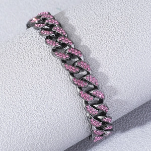 Pulsera cubana hip hop para hombre con diamantes de imitación rosa y acabado gris