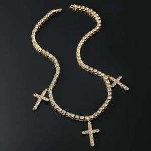 Collana con Ciondolo a Croce Hip Hop Iced Out Uomo Intarsiato in Zirconia Catena Tennis Gioielli Street Lega di Zinco Oro Argento