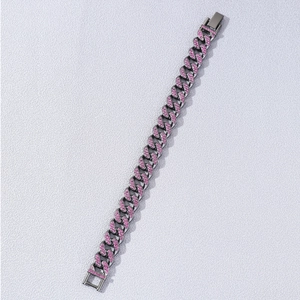 Pulsera cubana negra de hip hop para hombre con pedrería rosa y cierre de hebilla fuerte