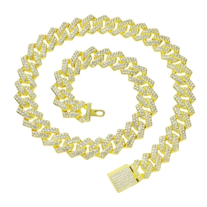 Massive 15mm goldfarbene Gliederkette mit Strassbesatz und quadratischem Diamantverschluss