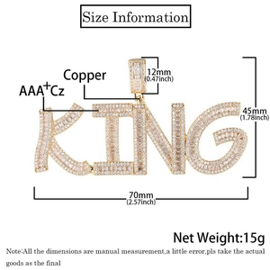 Detailed specs for a gold hip-hop KING pendant with brass and AAA+ cubic zirconia stones