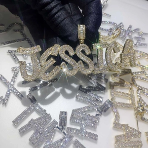 Macro view of iced out Jessica nameplate pendant with baguette cubic zirconia stones