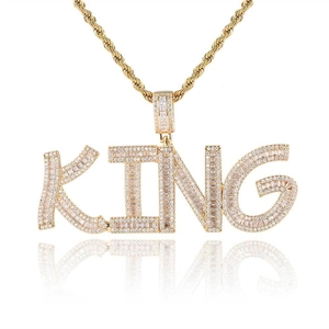 Iced out square KING letter pendant necklace with gold rope chain and sparkling zircon