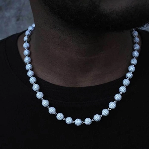 Collier hip hop à perles de 8mm avec pavé complet de zircons sur chaîne argentée