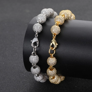 Bracelet chaîne à billes en zircone cubique 8mm plaqué or et argent hip hop