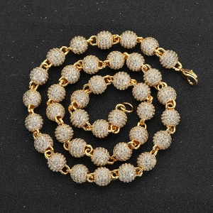 Collier hip hop à billes 8mm plaqué or avec micro-pavage complet de zircons pour hommes