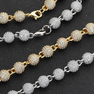 Collier hip hop à perles de 8mm avec zircons micro-pave en finition or et argent