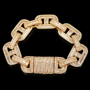 Bracciale a catena cubana 15mm dorato con pietre baguette in stile hip hop ghiacciato