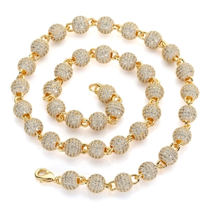 Collier hip hop de 8mm avec perles dorées serties de zircons et fermoir mousqueton