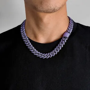 Detail of a 15mm purple Cuban link necklace with pavé zircon stones on a male model