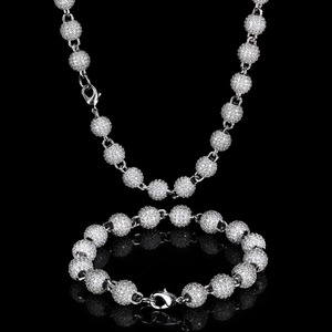Parure de Bijoux Hip Hop Iced Out Perles Rondes Collier Bracelet en Cuivre Zircone Chaîne à Billes de Luxe pour Hommes Femmes