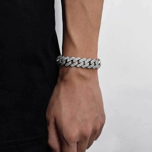 Silver cuban link bracelet for men with double row cubic zirconia and clasp closure