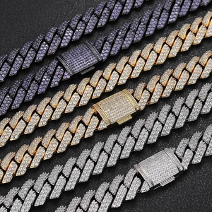 Hip hop cuban link chains in purple, gold, and silver with 15mm double row cubic zirconia