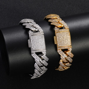 Hip hop style gold and silver 15mm cuban link bracelets with sparkling cubic zirconia stones