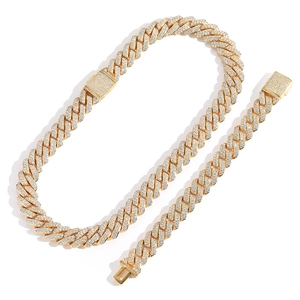 Hip hop 15mm gold Cuban link necklace and bracelet set with pave zircon stones