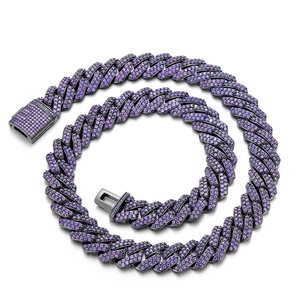 Men's 15mm hip hop Cuban link necklace featuring double row purple pavé-set zircons