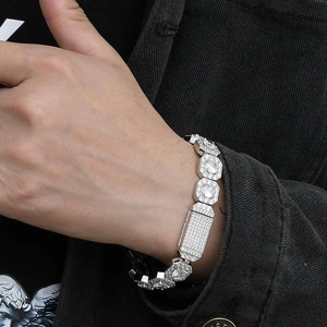 Bracelet hip hop pour homme en argent avec maillons octogonaux et pierres zircon