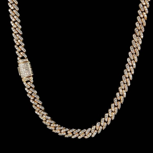 Close-up of 8mm hip hop Cuban link necklace in gold finish with iced-out white zircons