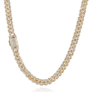 Close-up of golden Cuban link chain with pave-set zircons and secure box clasp detail