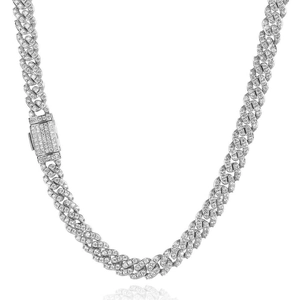 Detailed view of 8mm silver Cuban link chain with cubic zirconia stones and box clasp
