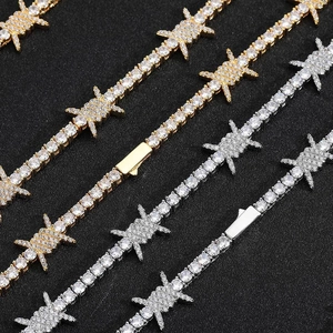Hip Hop Barbed Wire Tennis Necklace Bracelet Jewelry Set For Men Women Copper Zirconia Thorn Chain 18K Gold Plated Accessory