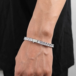 Mens 6mm silver rectangle zircon tennis bracelet with spring clasp on wrist