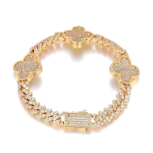 Bracciale hip-hop dorato con maglia cubana e quadrifogli con zirconi incastonati