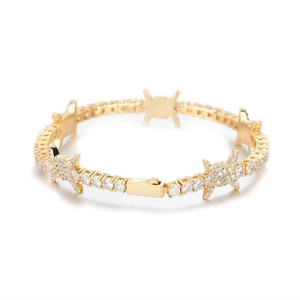 Hip hop style gold barbed wire tennis bracelet with sparkling pave set zircons