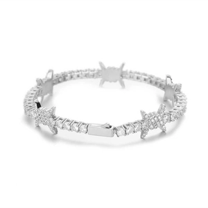 Hip hop silver tennis bracelet with cubic zirconia and barbed wire design elements