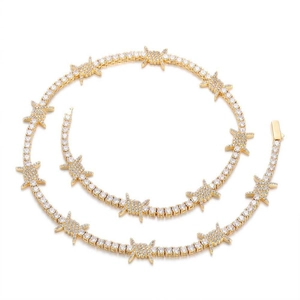 Golden hip hop jewelry set with zircon thorns tennis chain necklace and matching bracelet