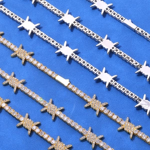 Hip hop barbed wire tennis chain necklace with shiny zircons in gold and silver finish